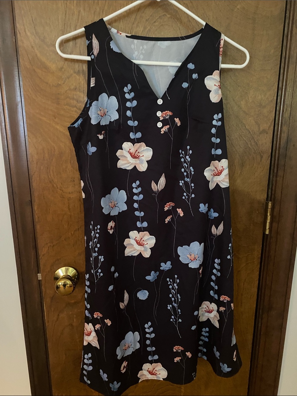 SHEIN navy blue Sleeveless Floral Shift Dress with Blue and Cream Blooms
